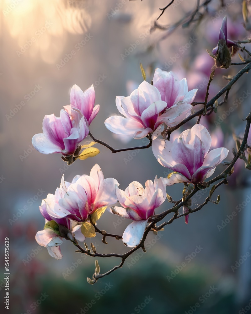 Fototapeta premium Magnolia Blossoms in Spring Light with Serene Garden Ambience, Tree Branch with White Flowers in Full Bloom