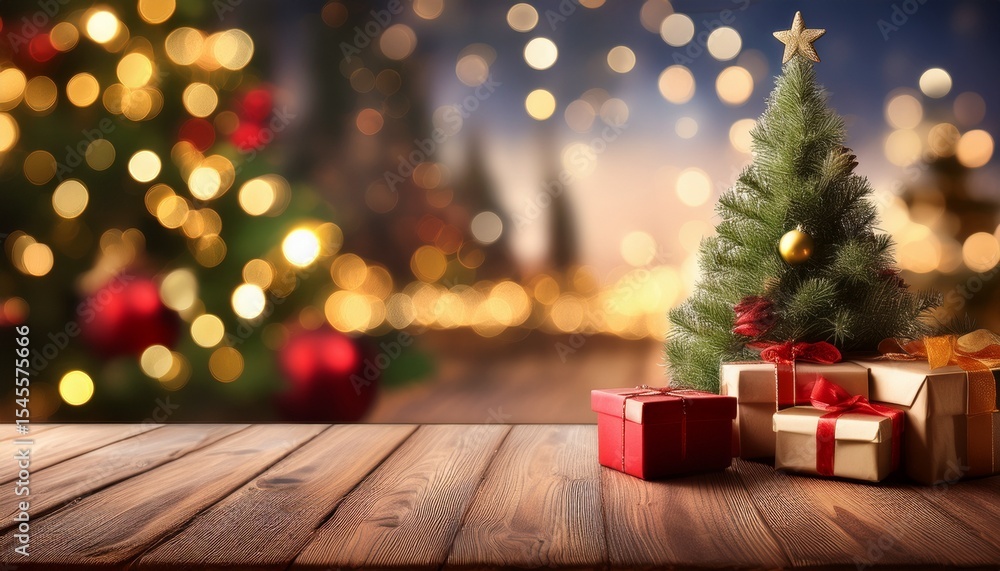 christmas tree and presents on wooden table with blurred background christmas tree and presents on wooden table with blurred background
