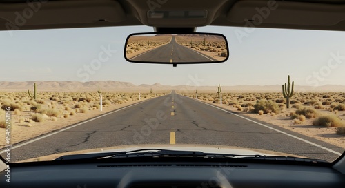 Driving on Desert Road with Cactus Landscape Seen Through Windshield