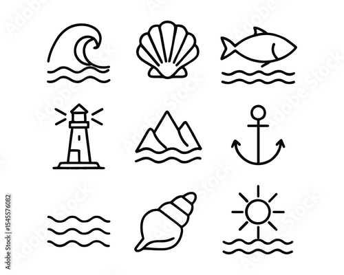 A set of nautical line art icons featuring ocean wave, shell, fish, lighthouse, anchor, and sun. Perfect for summer, travel, and beach themes.