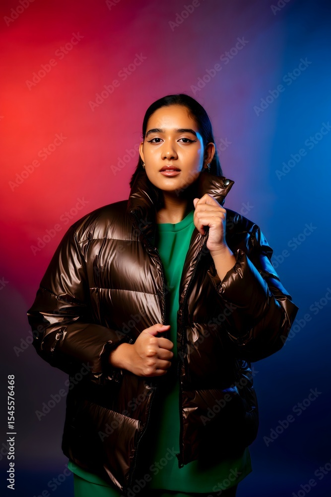 Fototapeta premium A stylish woman in a dark puffy jacket, with a red and blue backdrop