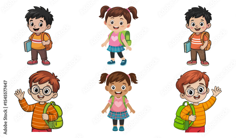 Set of happy cartoon school children with backpacks and books in cute outfits Set of happy cartoon school children with backpacks and books in cute outfits