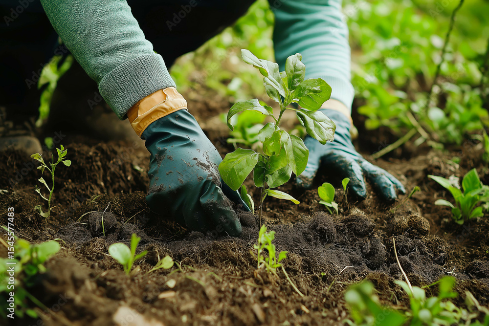 Fototapeta premium Tree planting on volunteer family's hands for eco friendly and corporate social responsibility campaign concept