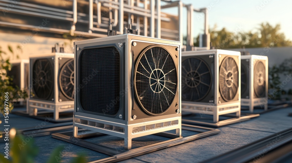 Obraz premium Industrial cooling system array in outdoor setting under golden light