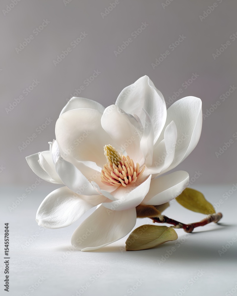 Obraz premium Elegant White Magnolia Blossom Macro Shot on Pure White Background, Soft Shadowed Floral Arrangement