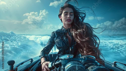 Beautiful Woman Driving a Boat Through Rough Waves in Slow Motion Animation