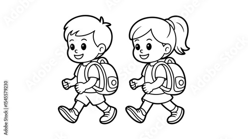 Black and white line art of school boy and girl walking with backpacks