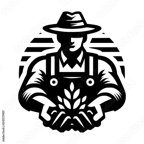 A stylized illustration of a farmer holding wheat. The image is in black and white