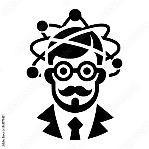 A clever illustrated of a scientist with atoms orbiting around head
