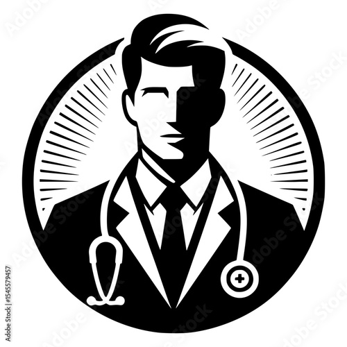 Doctor icon in a circle with rays. A black and white illustration of a doctor in a suit with a stethoscope