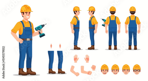 Cartoon Construction Worker in Work Uniform with Drill, Multiple Views and Body Parts