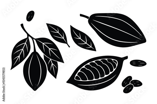 A silhouette vector illustration of cocoa beans. Includes chocolate element and plant parts. Perfect for food designs.