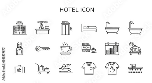 Collection of Linear Hotel Icons: Building, Reception, Key, Room Service, and Amenities
