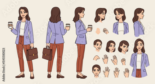 Businesswoman Character Illustration with Various Poses, Expressions, and Accessories