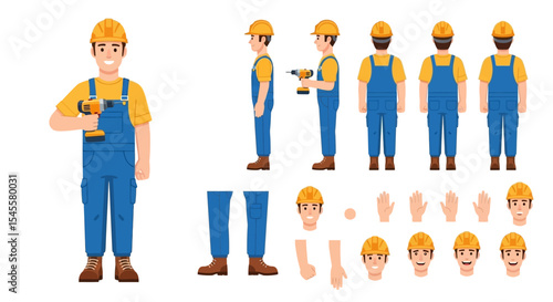Cartoon Construction Worker Character with Drill, Hard Hat, and Blue Overalls