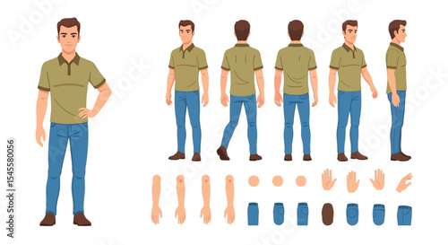 Cartoon Man Character Design with Front, Back, Side Views and Body Parts