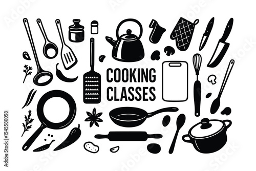 A collection of cooking utensils and ingredients. Great for culinary, food, and restaurant related designs. Isolated on white.