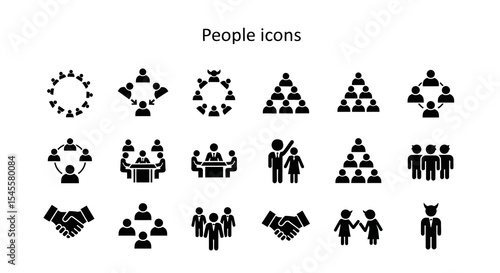 Collection of Black Silhouette People Icons Depicting Various Interactions and Groups