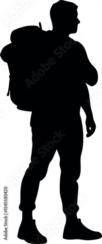  Silhouette of a man with backpack looking into the distance adventure, vector icon