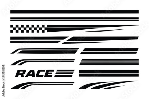 Racing stripes vector set for car decal graphics and sport decoration. Includes checkered flag, lines, and speed elements for vehicle design.