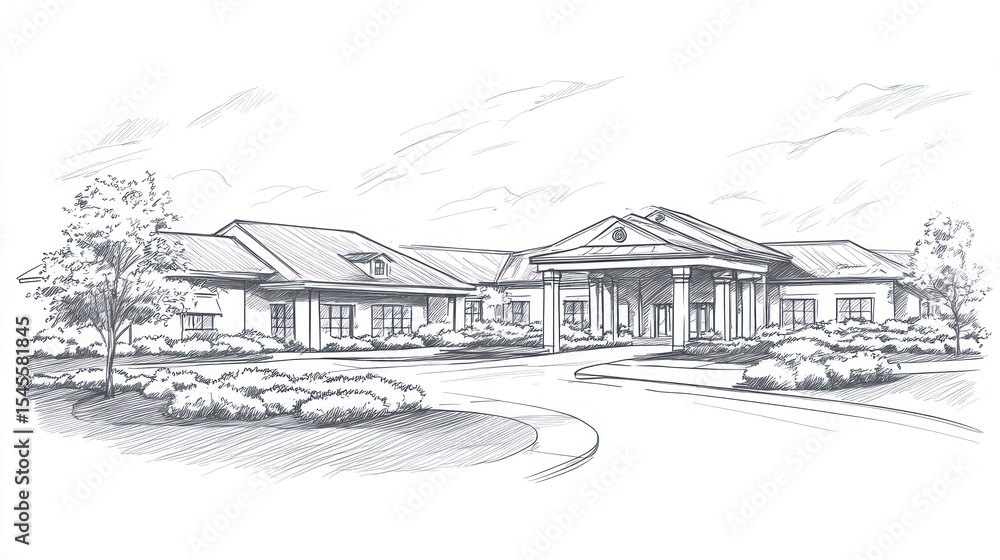 Fototapeta premium Sketch of a large building with landscaping