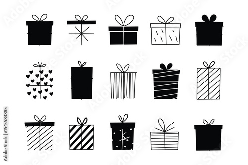 A set of gift boxes with bows. Presents for any occasion. Simple line art style. Vector illustration