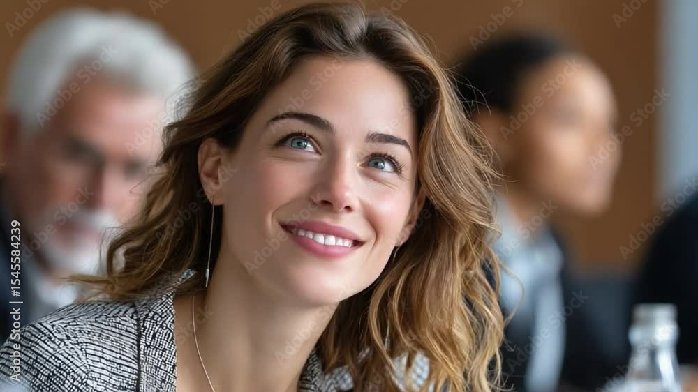 Intrigued Gaze of a Young Professional: A radiant young woman with captivating eyes smiles gently, a beacon of positivity, amidst a blurred background. Intrigued Gaze of a Young Professional: A radiant young woman with captivating eyes smiles gently, a beacon of positivity, amidst a blurred background.