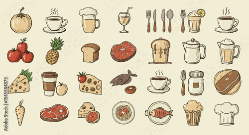 Charming, hand-drawn organic food & beverage icons. Authentic sketch-like quality with soft, natural lines perfect for rustic and healthy themes,restaurant menus,food apps,culinary website