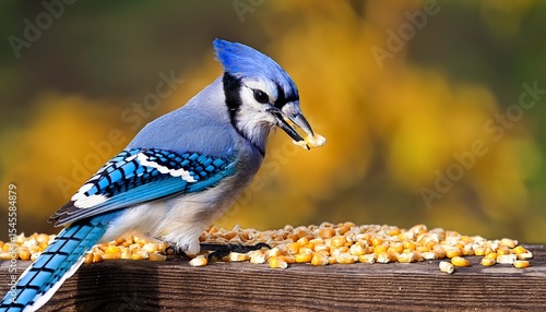 blue jay eating grains milos cracked corn