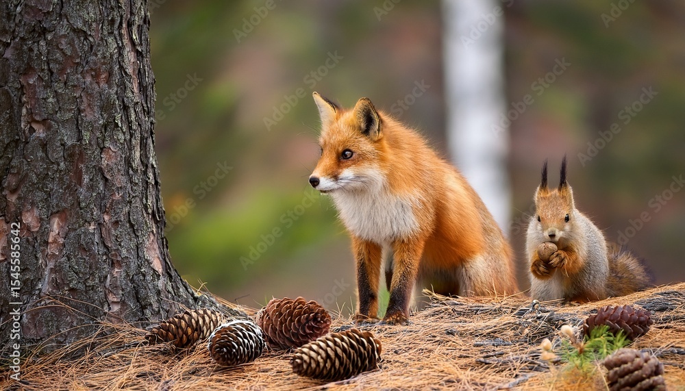 Fototapeta premium fox with squirrel and pinecones