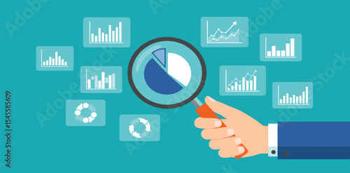business data analytics. business research on report graphs. people hand hold magnifying glass. finance investment planning concept