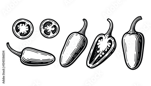 A set of jalapeno peppers in black and white. Includes whole and sliced peppers. Perfect for food or cooking related projects.