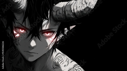 Close-up of a dark-haired figure with horns and red eyes, grayscale tones with highlighted red details and tribal markings on skin