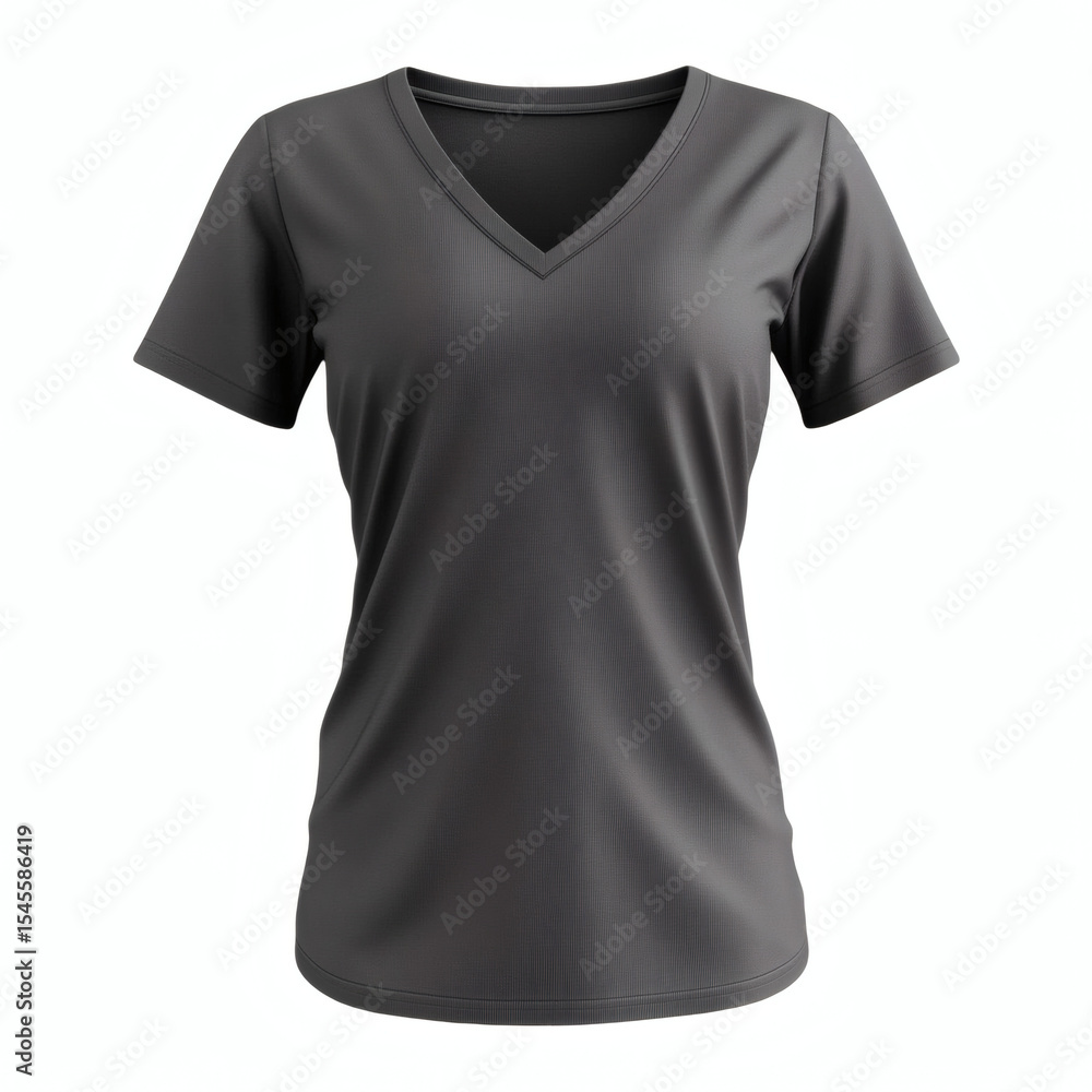 Plain dark gray V-neck t-shirt 3D mockup showcasing front view for women's casual wear presentation on white background. Plain dark gray V-neck t-shirt 3D mockup showcasing front view for women's casual wear presentation on white background.
