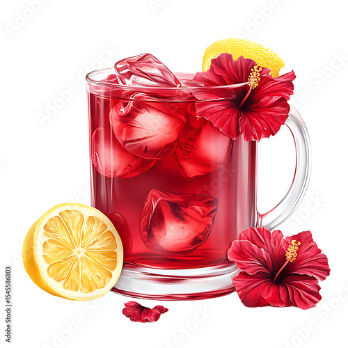 Refreshing Hibiscus Tea with Ice, Lemon, and Flowers in a Glass Mug