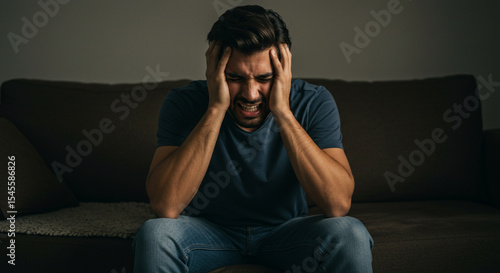 Man suddenly feels dizzy and takes a seat on the sofa. Young guy feeling pain and spinning sensation in his head. Headache, vertigo, health problem, brain tumor concept