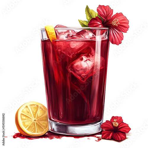 Refreshing Red Beverage with Ice, Lemon Slice, and Hibiscus Flowers