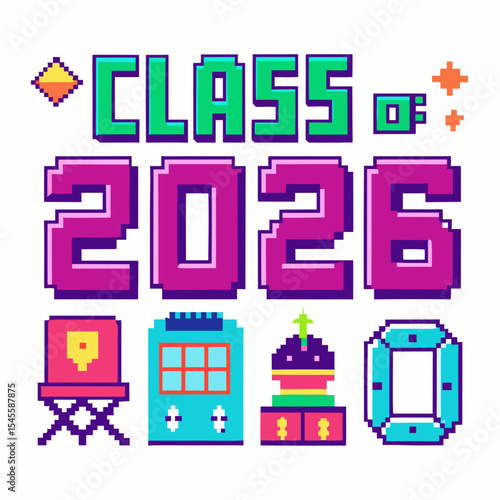 Class of 2026 pixel art graduation design retro game style