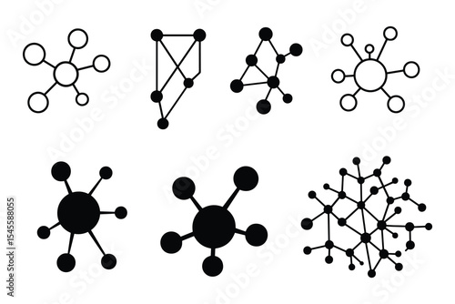 A set of abstract network connection diagrams with nodes and lines. Represents various connection patterns and data structures.