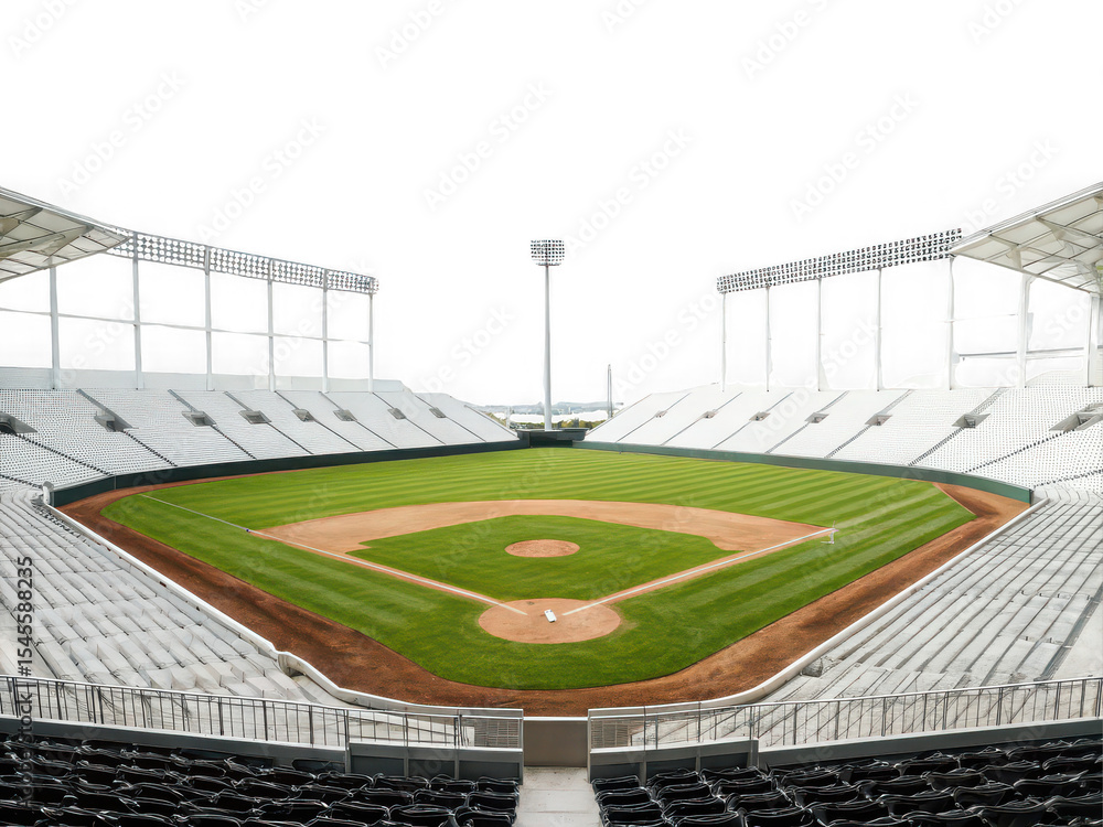 Fototapeta premium Empty modern baseball stadium with white seats and green field