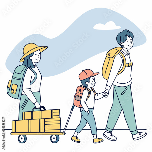 Happy family walking outdoors with luggage and cart