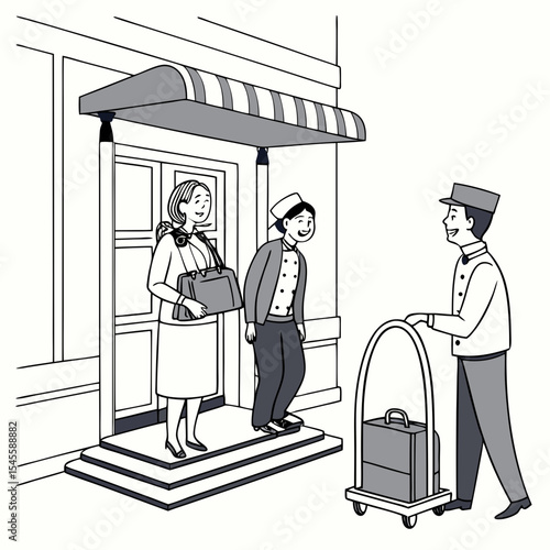 Hotel bellhop assisting guests with luggage at entrance