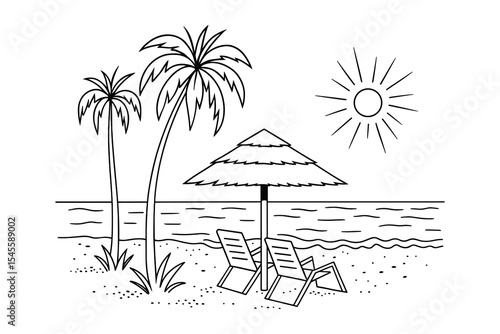 A tropical beach scene featuring palm trees, sun loungers, and a sun umbrella. Perfect for summer vacation themes and relaxation.