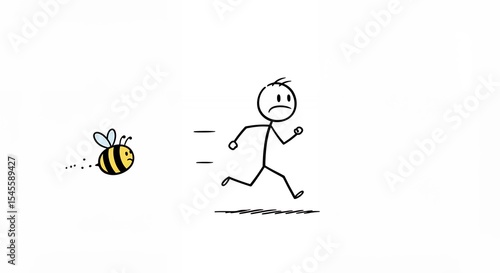 Stick figure running from bee illustration