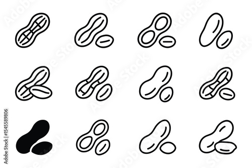 Peanut icon set illustration. Food nut allergen symbol. Vector illustration. Black and white drawing. Isolated on white background.
