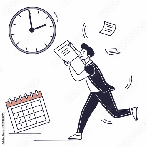 Businessman running late juggling documents clock calendar