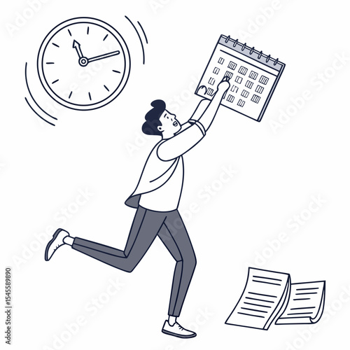 Busy man rushing to meet deadline calendar clock papers