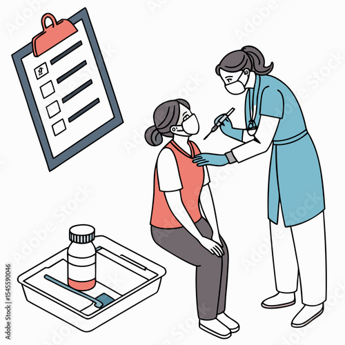 Doctor administering vaccine to patient wearing masks checklist