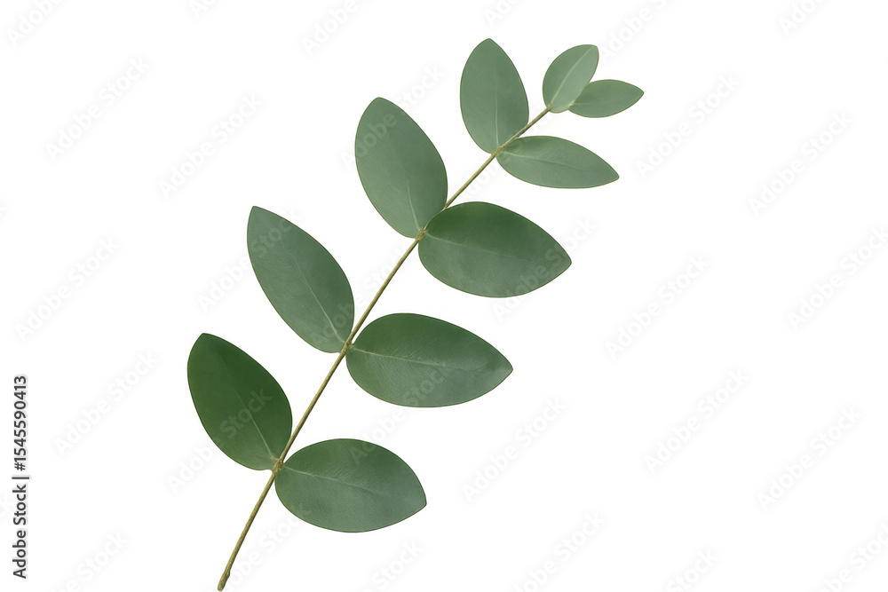Obraz premium Verdant eucalyptus branch displaying lush green foliage against transparent backdrop, highlighting botanical elegance