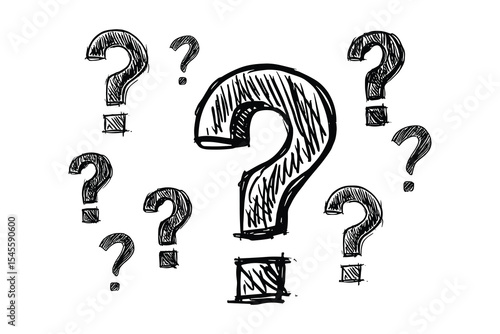A collection of question marks for queries, puzzles, and educational materials. Hand-drawn style black and white drawing